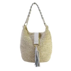 Laggo Beige Womens Wicker Woven Braided Leather Handle Tassel Detail Handbag